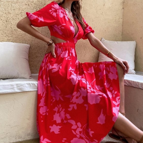 Red Boho Womens Floral Print Puff Sleeve Cut Out Tie Back Dress - Picture 1 of 5